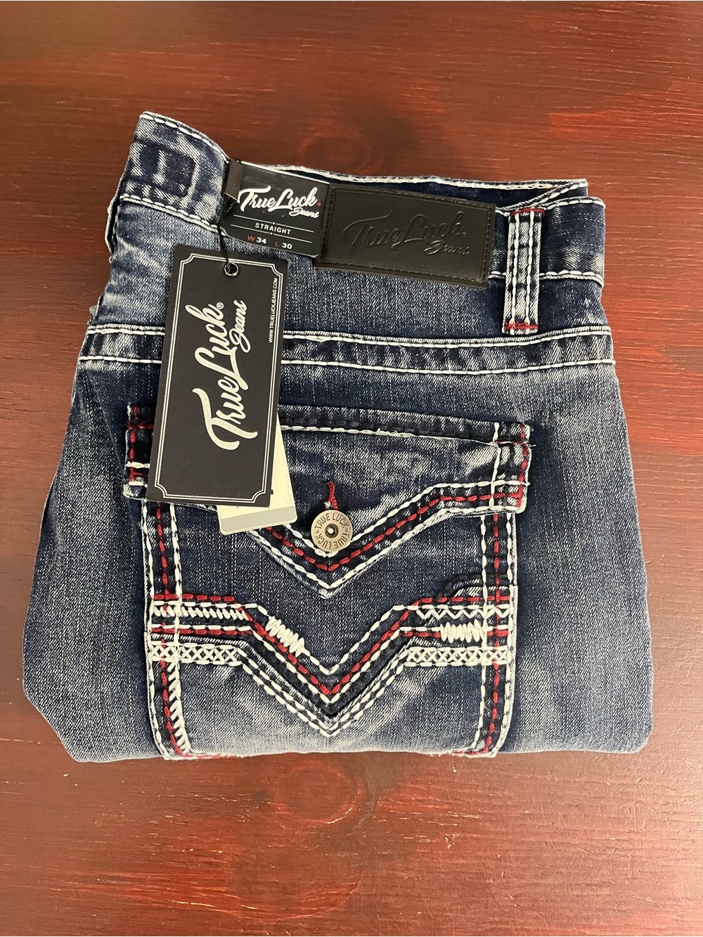 True Luck Men`s Jeans Straight Medium Wash 34x30 NWT $60 Embroidered